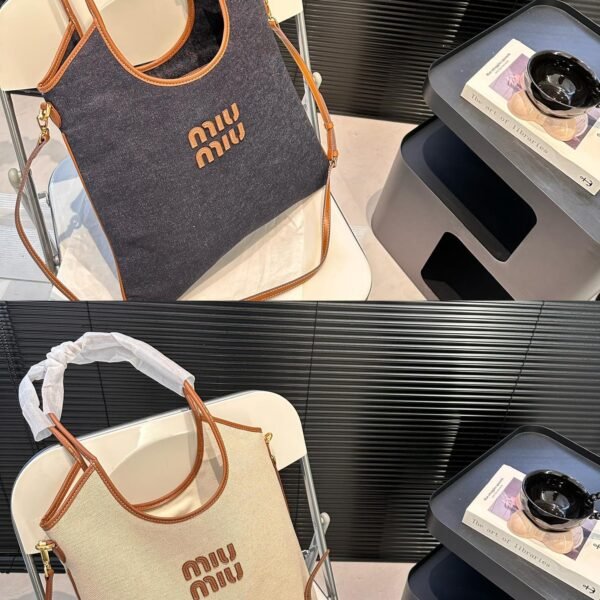 MIU Logo Tote Denim and Canvas - Bag