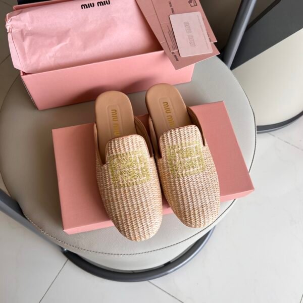 MIU Raffia Embroidered Mules Natural Raffia - Shoes