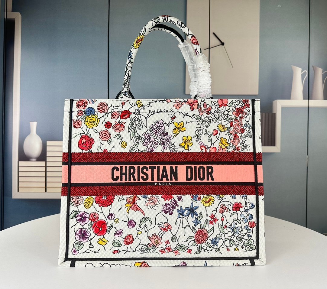 CD Book Tote Large Multicolor Embroidered Canvas - Bag