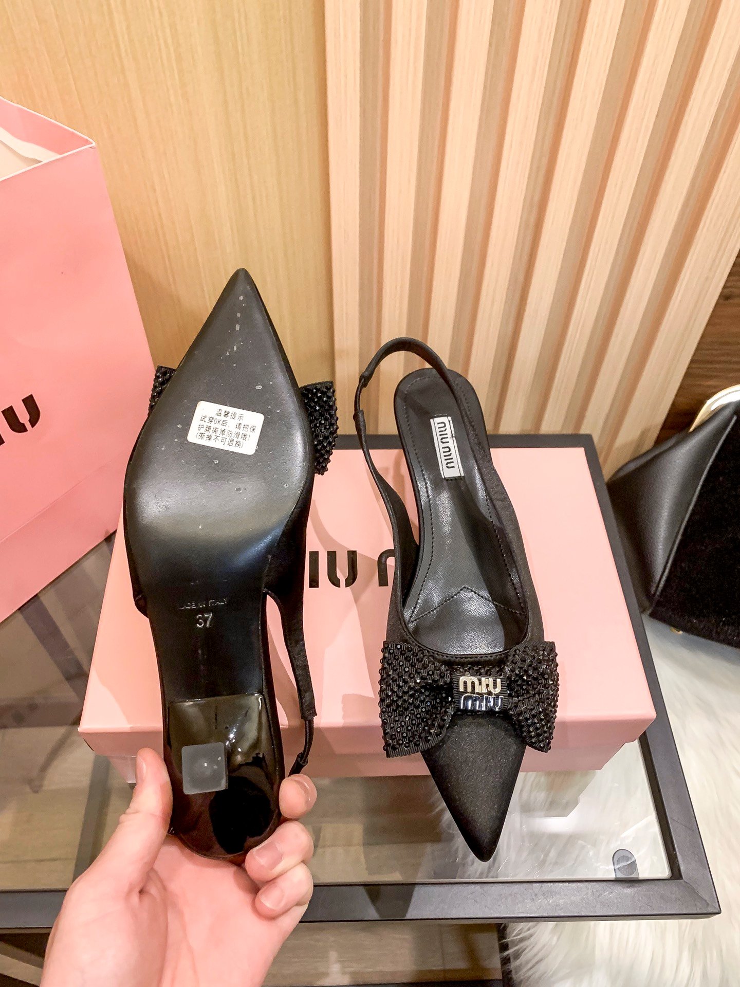 MIU Glitter Bow Slingback Black Satin - Heels - Image 8