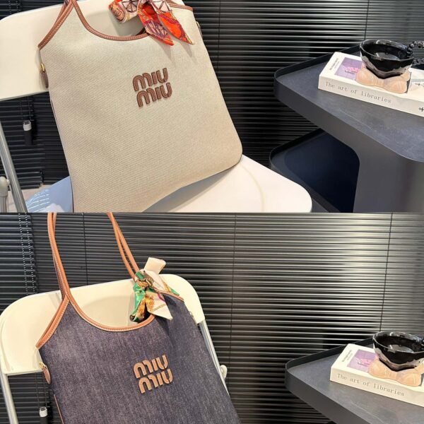 MIU Logo Tote Beige and Denim - Bag