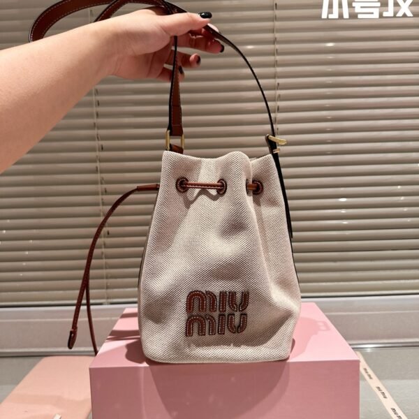 MIU Logo Bucket Bag Small Beige Canvas - Bag