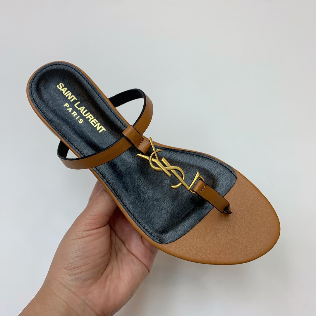YSL Cassandra Flat Thong Sandals Tan Leather - Sandals - Image 3