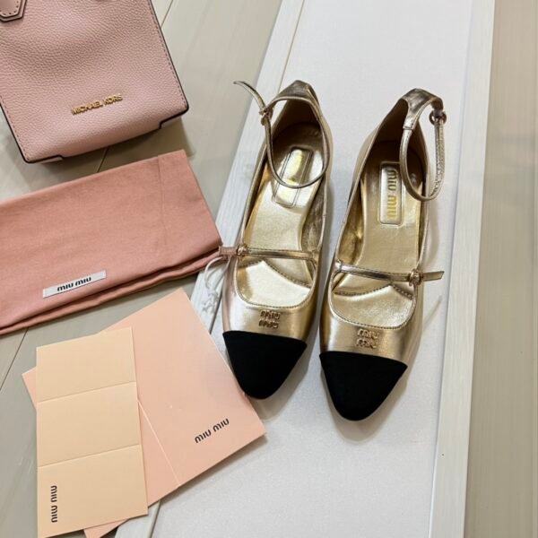 MIU Mary Jane Ballerina Gold/Black Leather - Shoes