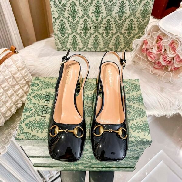 GG Horsebit Slingback Pumps Black Patent Leather - Heels