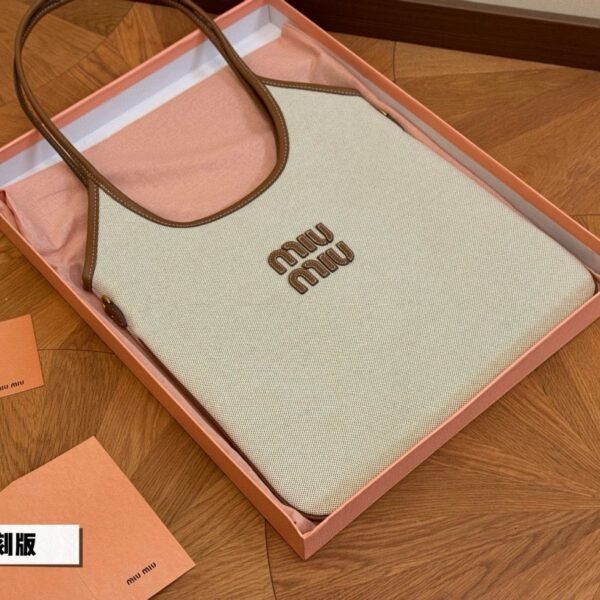MIU Logo Tote Beige Canvas - Bag