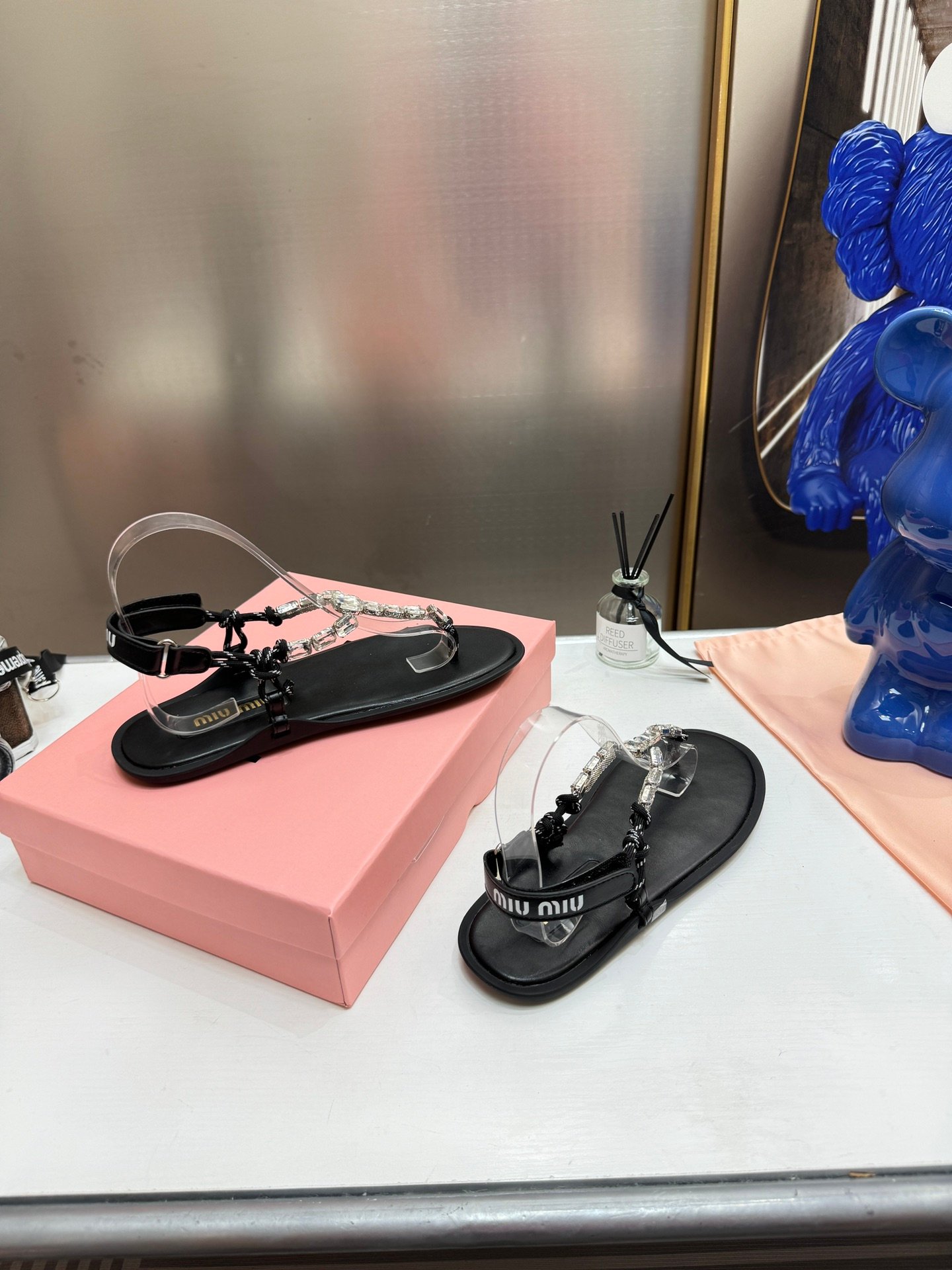 MIU Crystal Embellished Sandals Black Leather - Sandals - Image 3
