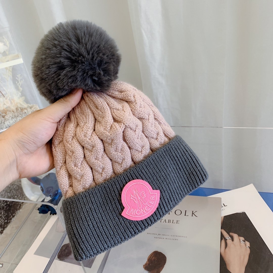 MCL Pom Pom Cable Knit Beanie Pink/Grey - Hat - Image 2