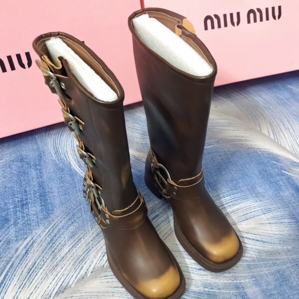 MIU Buckle Knee-High Boots Brown Leather - Boots
