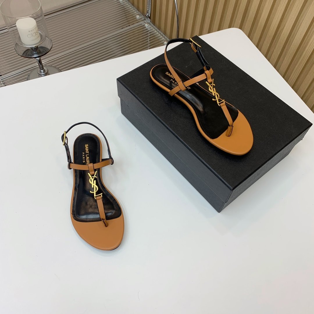 YSL Cassandra Flat Sandals Tan Leather - Sandals - Image 7