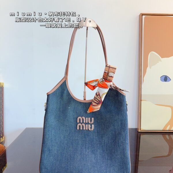 MIU Logo Tote Denim and White Canvas - Bag