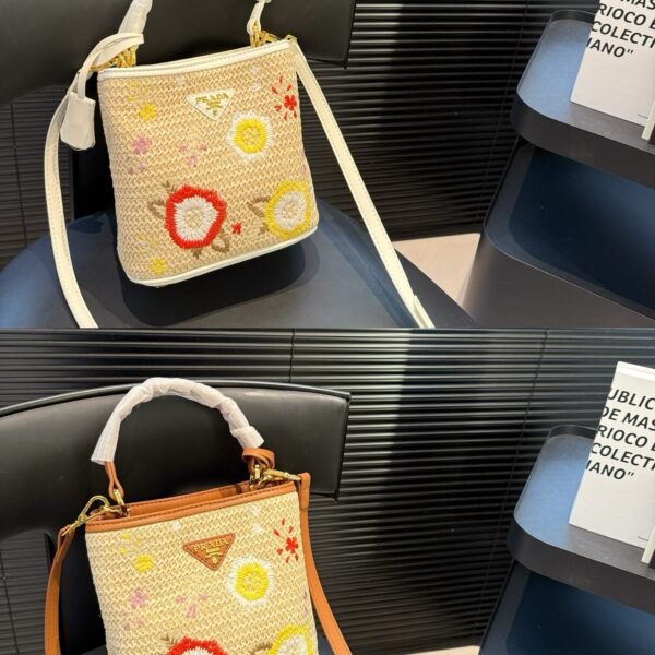 PR Raffia Embroidered Bucket Natural/Multicolor - Bag