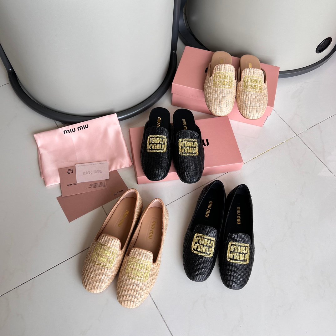 MIU Raffia Loafers Black and Beige Raffia - Shoes - Image 4