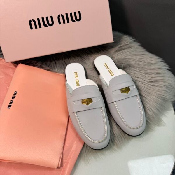 MIU Logo Plaque Loafers Grey Leather - Shoes