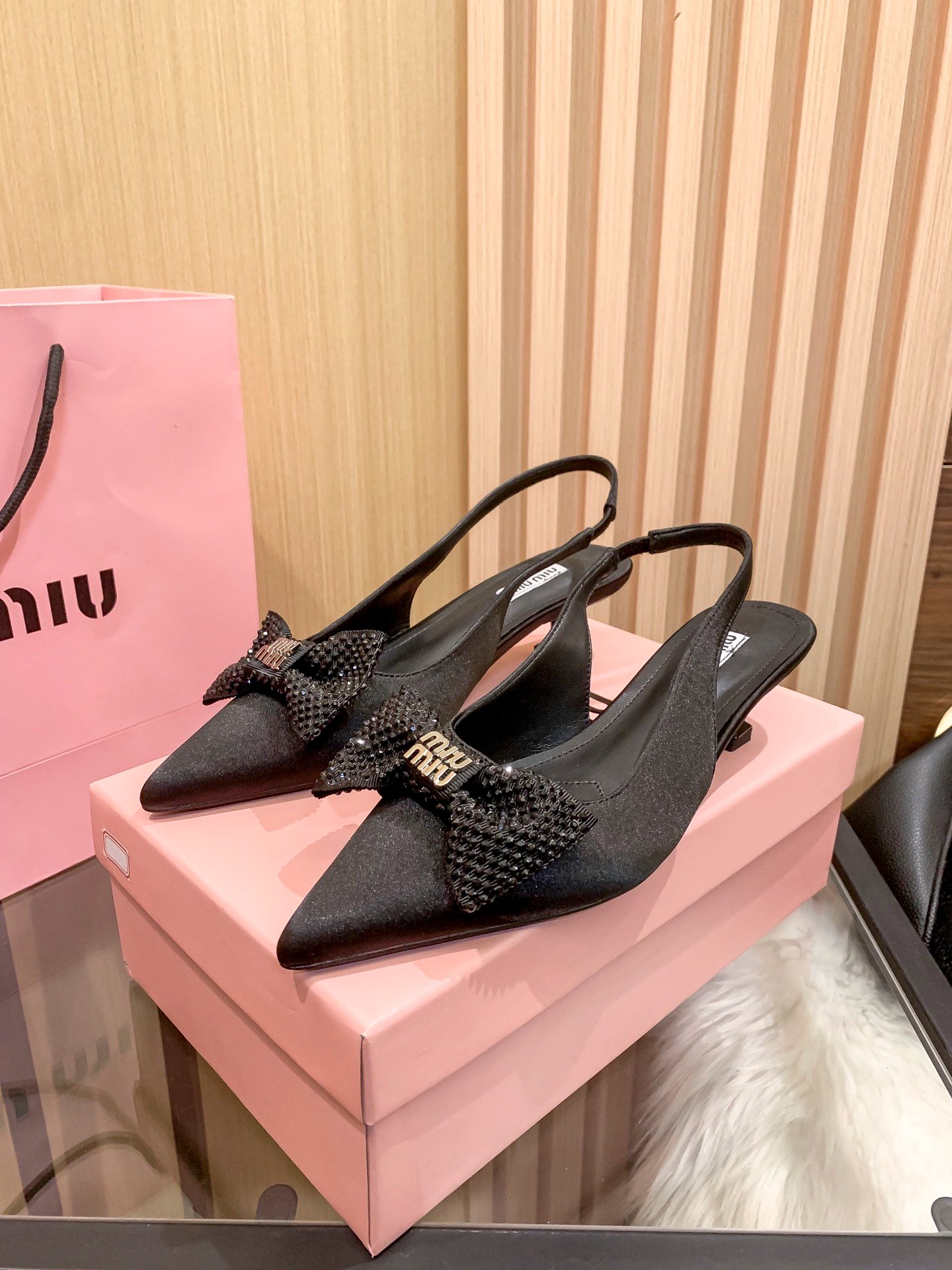 MIU Glitter Bow Slingback Black Satin - Heels - Image 2