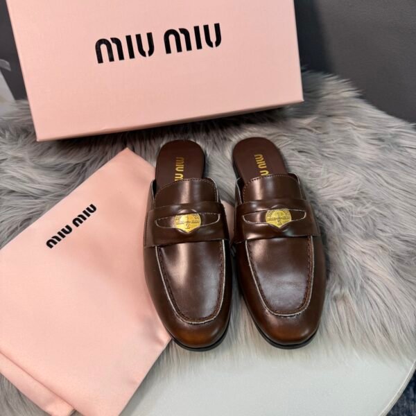 MIU Logo Plaque Loafers Brown Leather - Shoes