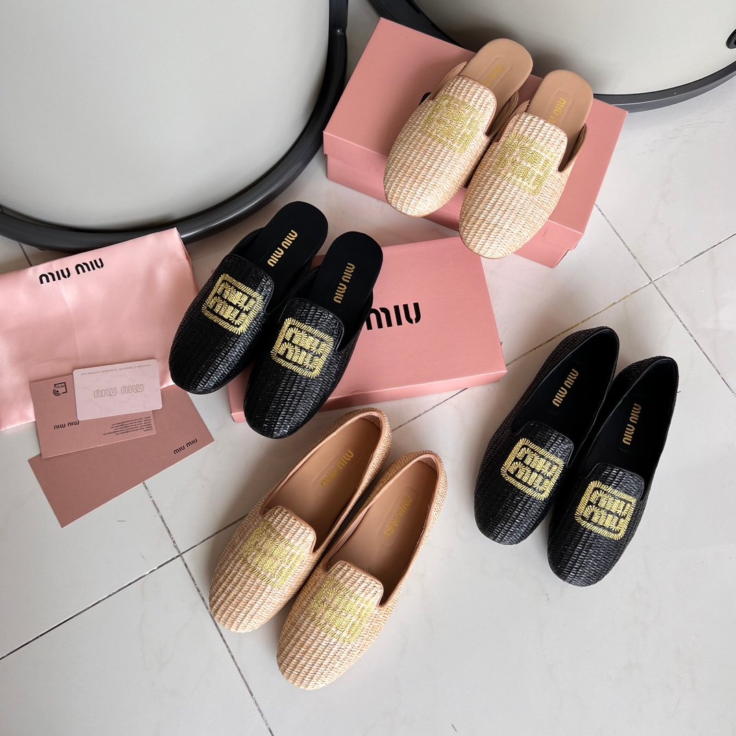 MIU Raffia Loafers Black and Beige Raffia - Shoes - Image 2