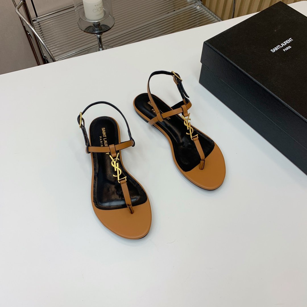YSL Cassandra Flat Sandals Tan Leather - Sandals - Image 3