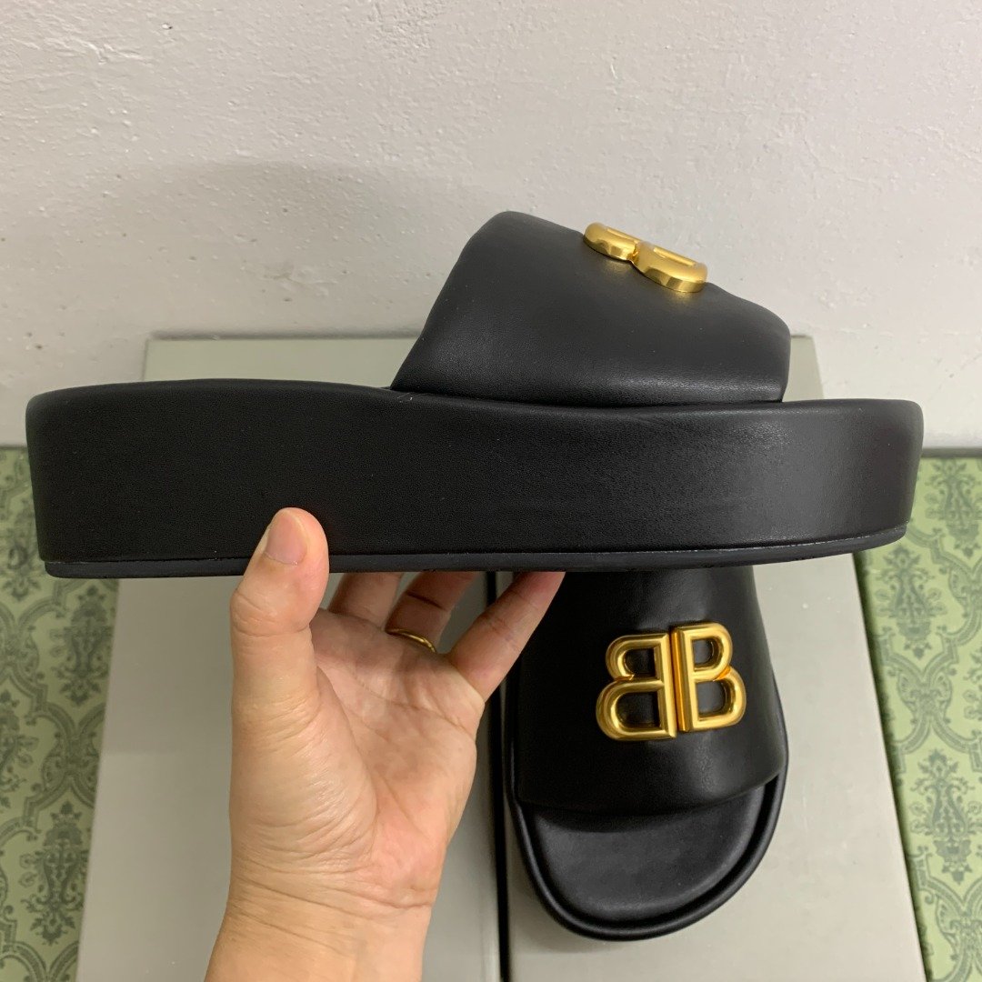 BAL Pool Slide Sandals Black Leather - Slides - Image 3
