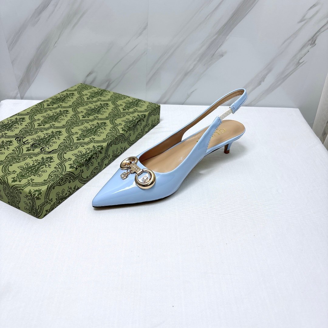 GG Horsebit Slingback Pumps Light Blue Patent Leather - Heels - Image 4
