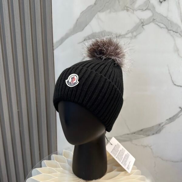 MCL Ribbed Knit Beanie with Fur Pom Pom Black - Hat