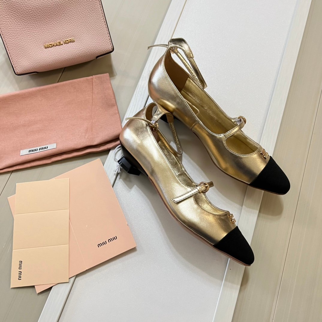 MIU Mary Jane Ballerina Gold/Black Leather - Shoes - Image 4