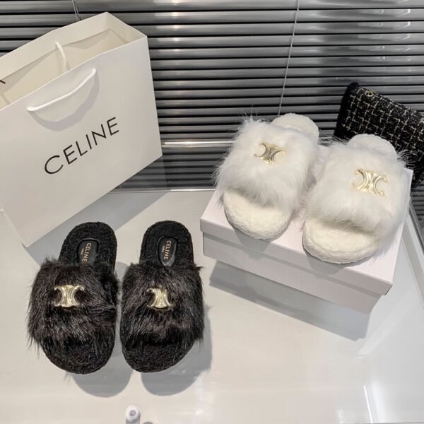 CEL Triomphe Fur Slides Black and White Fur - Slides