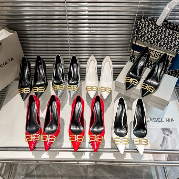 BAL BB Pointy Toe Pumps Black/White/Red Leather - Heels