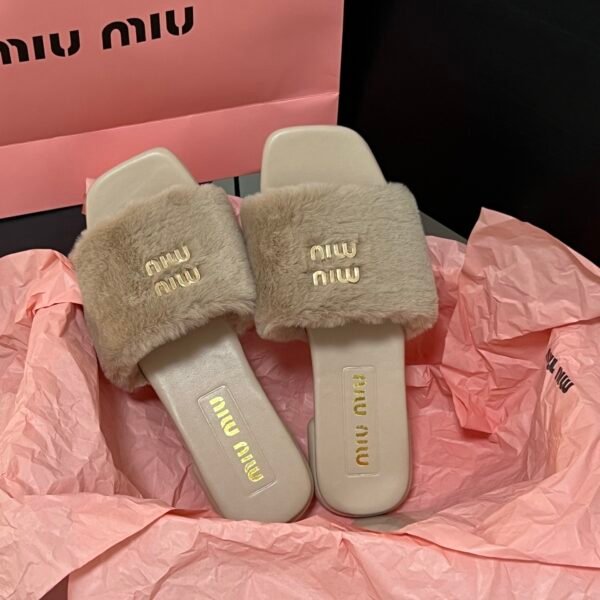 MIU Shearling Fur Slides Beige Fur - Slides