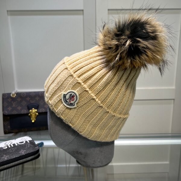 MCL Ribbed Beanie with Fur Pom Pom Beige/Yellow Wool - Hat