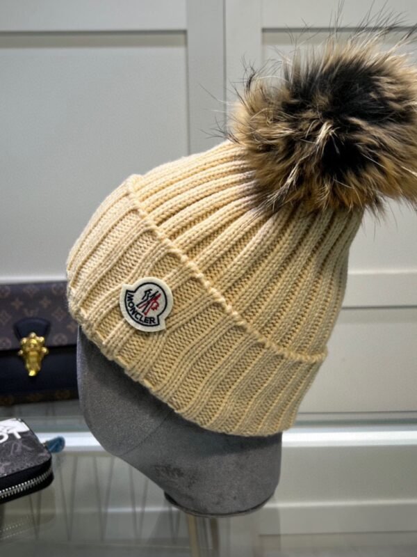 MCL Ribbed Beanie with Fur Pom Pom Beige/Yellow Wool – Hat
