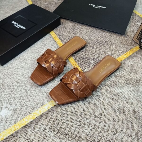 YSL Nu Pieds Tribute Brown Croc-Embossed Leather - Sandals
