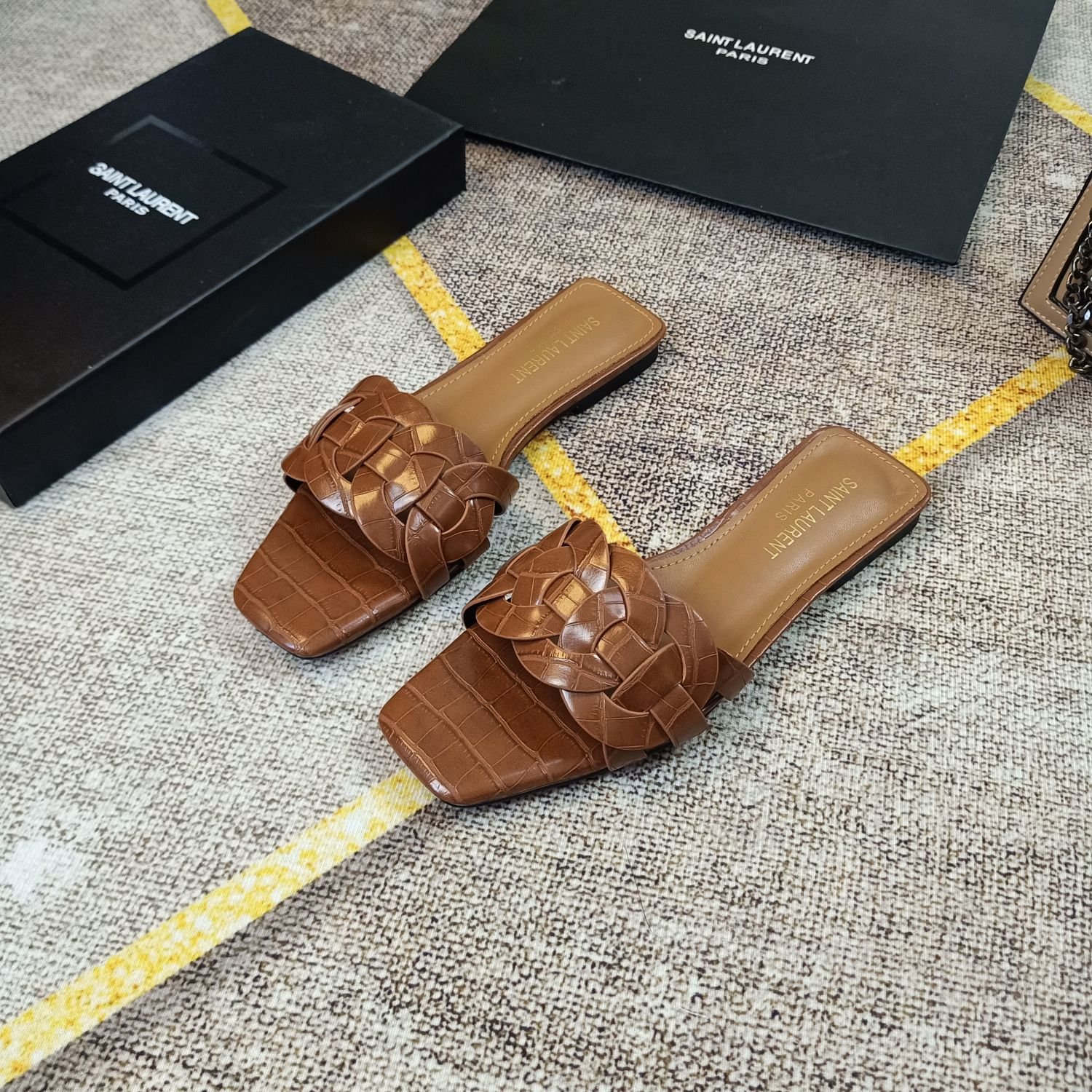 YSL Nu Pieds Tribute Brown Croc-Embossed Leather - Sandals