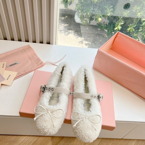 MIU Furry Ballet Flats White Shearling - Shoes