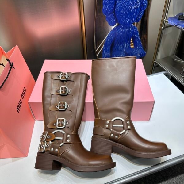 MIU Buckle Strap Knee-High Boots - Boots