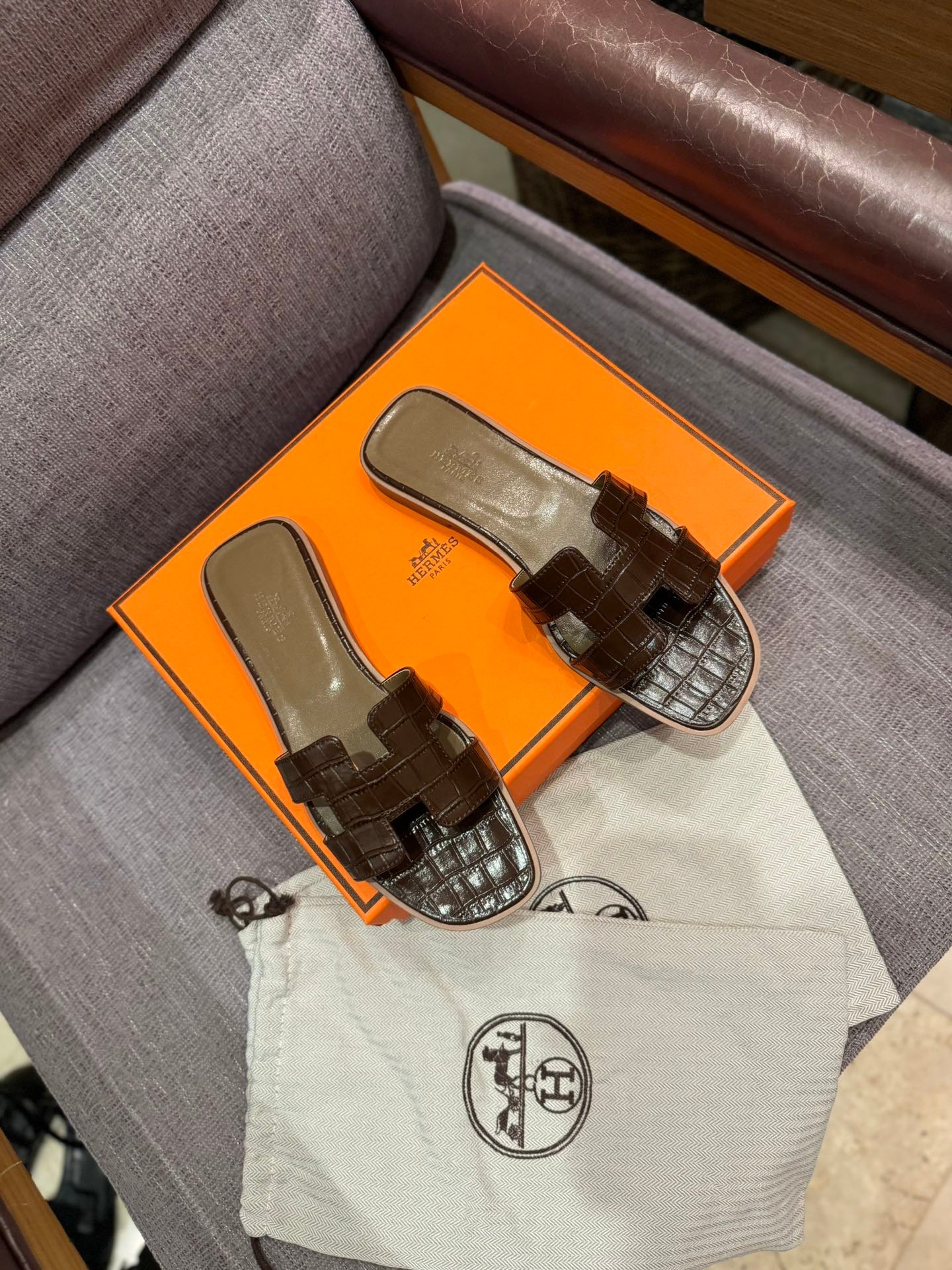HM Oran Sandals Brown Crocodile Embossed Leather - Slides - Image 2