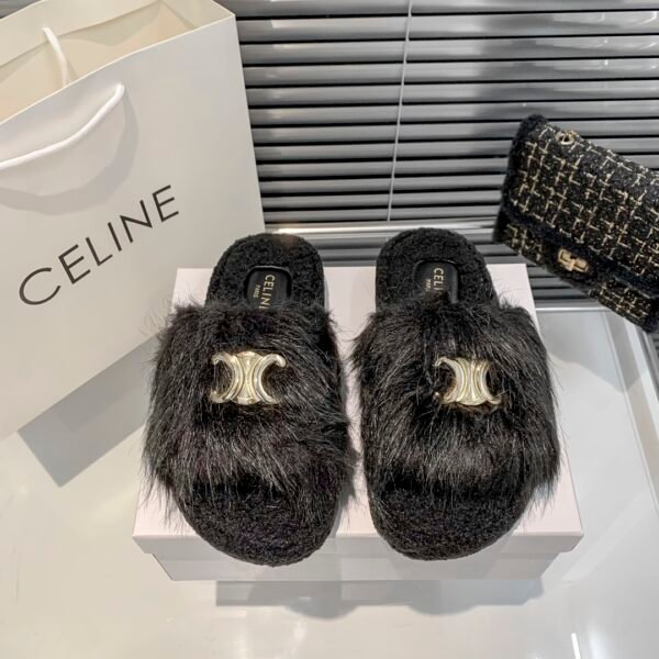 CEL Triomphe Fur Slides Black - Slides