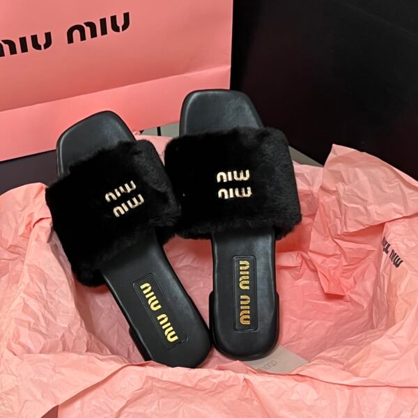 MIU Faux Fur Slides Black - Slides