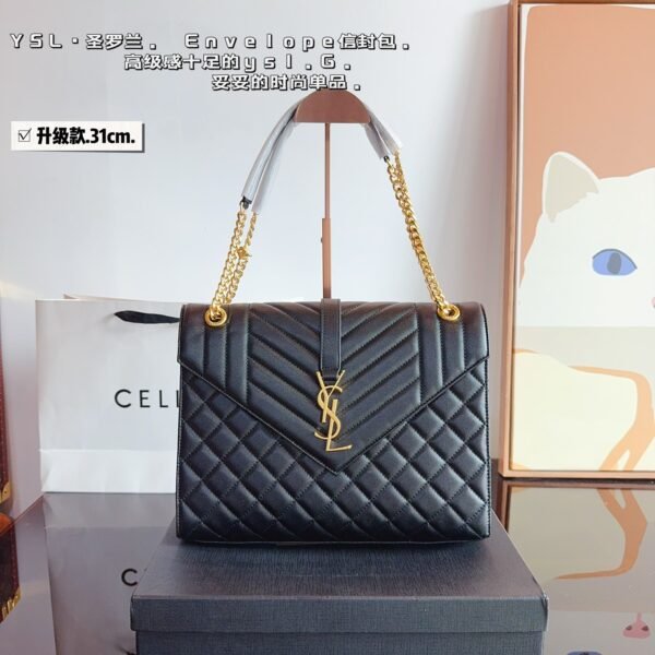 YSL Envelope Chain Bag Black Leather - Bag