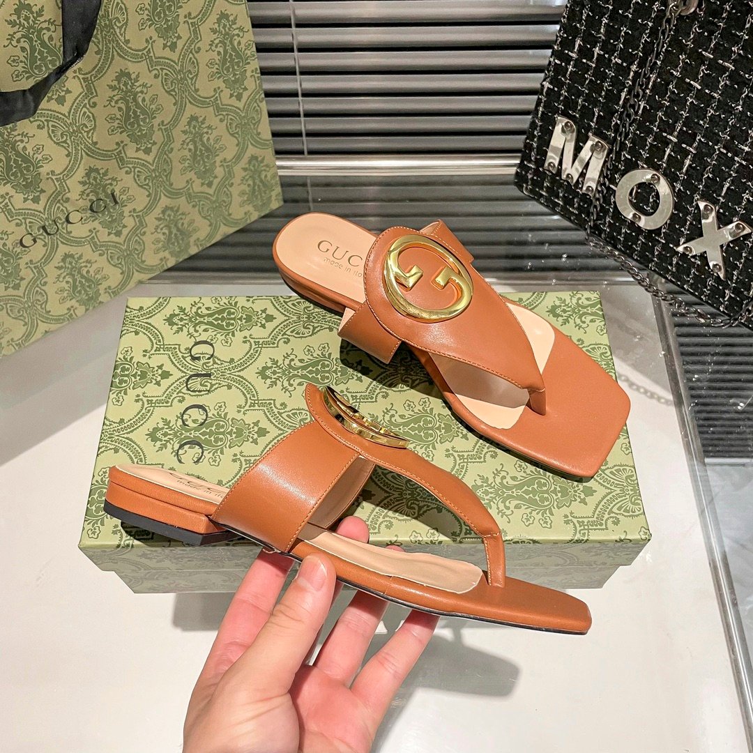 GG Marmont Thong Sandals Brown Leather - Sandals - Image 7