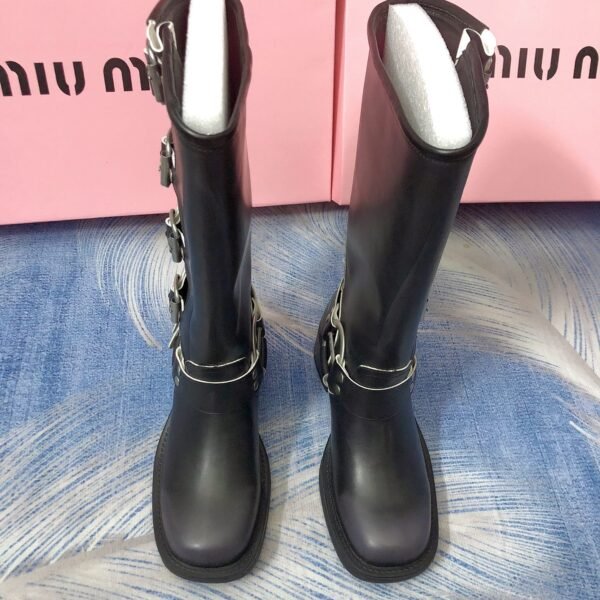 MIU Buckled Leather Knee-High Boots - Boots