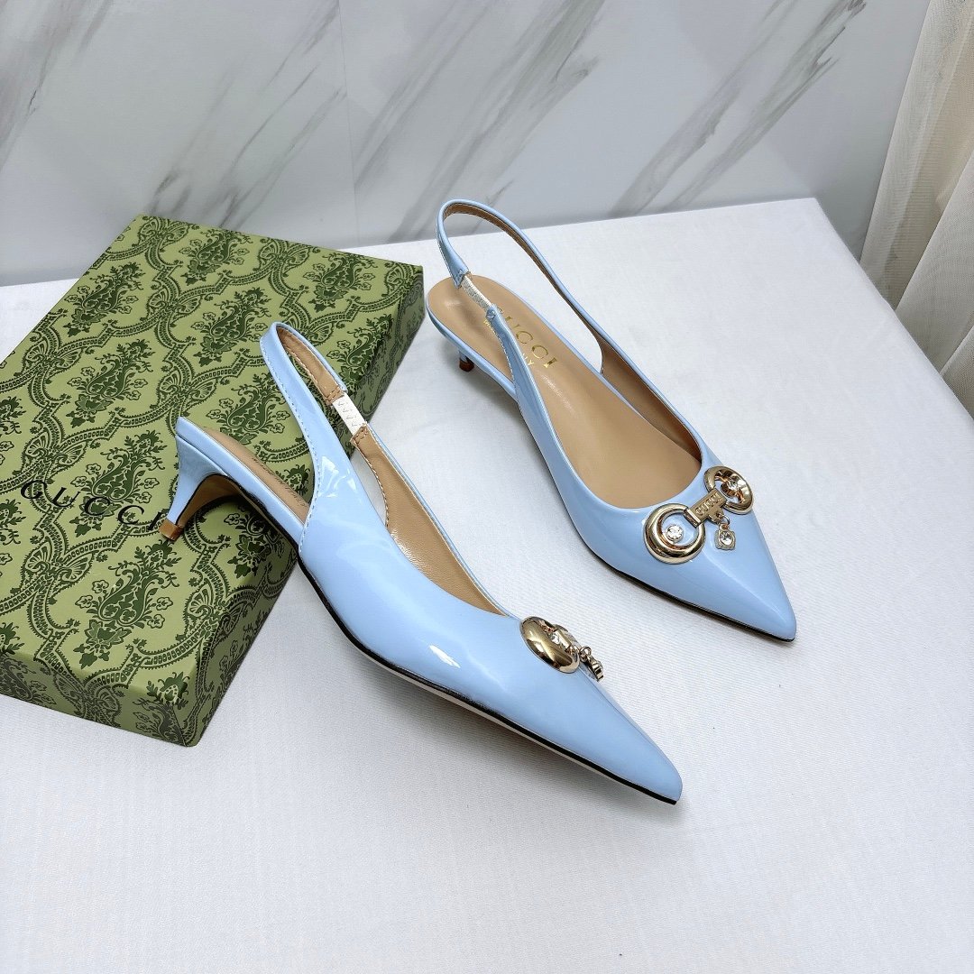 GG Horsebit Slingback Pumps Light Blue Patent Leather - Heels - Image 5