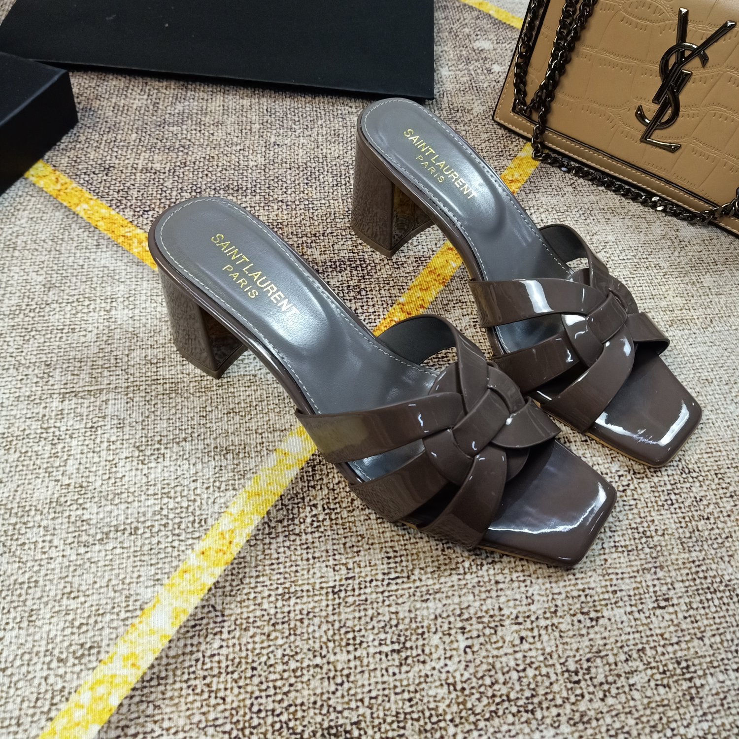 YSL Cassandra Block Heel Sandals Nude Patent Leather - Heels - Image 8
