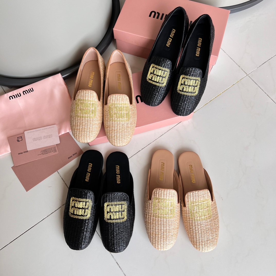 MIU Raffia Loafers Black and Beige Raffia - Shoes