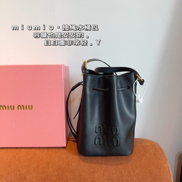 MIU Logo Bucket Bag Black Leather - Bag