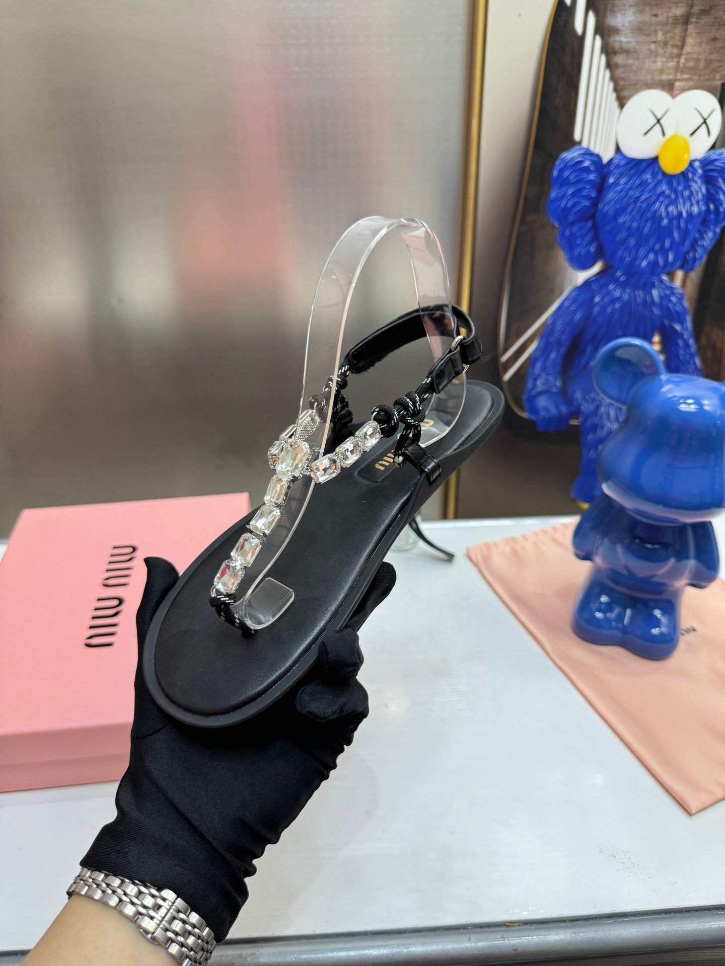 MIU Crystal Embellished Sandals Black Leather - Sandals - Image 7