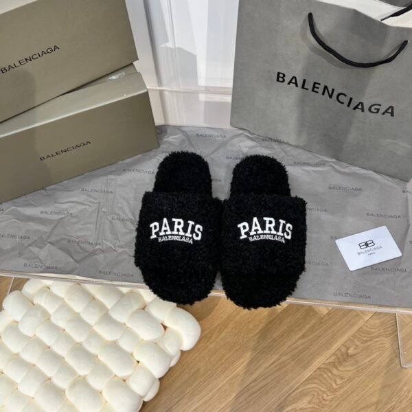 BAL Paris Logo Faux Shearling Black - Slides