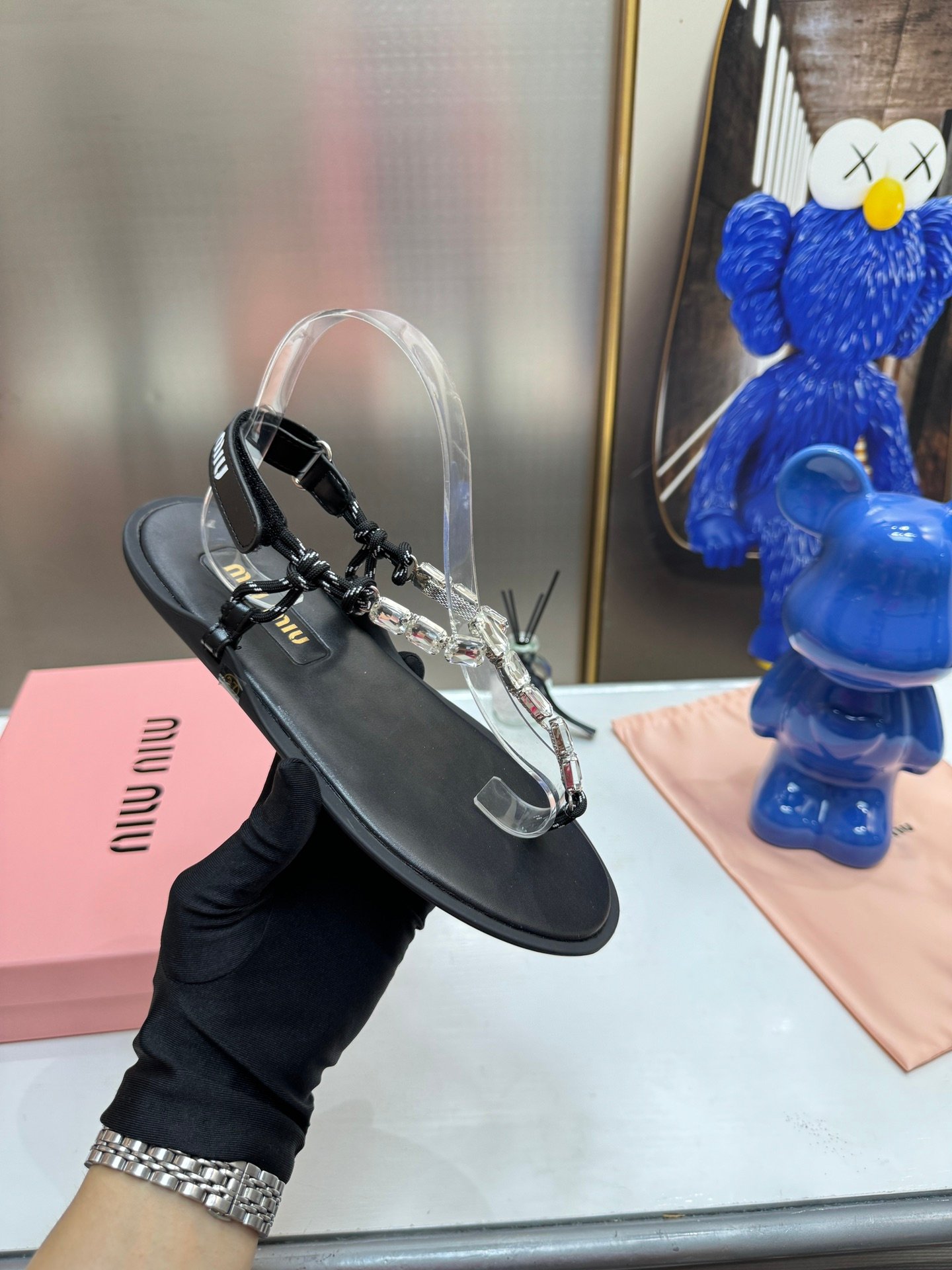 MIU Crystal Embellished Sandals Black Leather - Sandals - Image 5