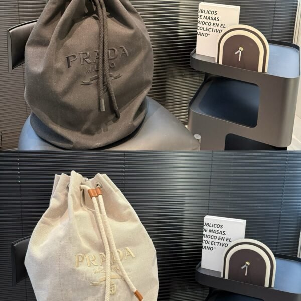 PR Canvas Drawstring Large Black and Beige Canvas - Bag