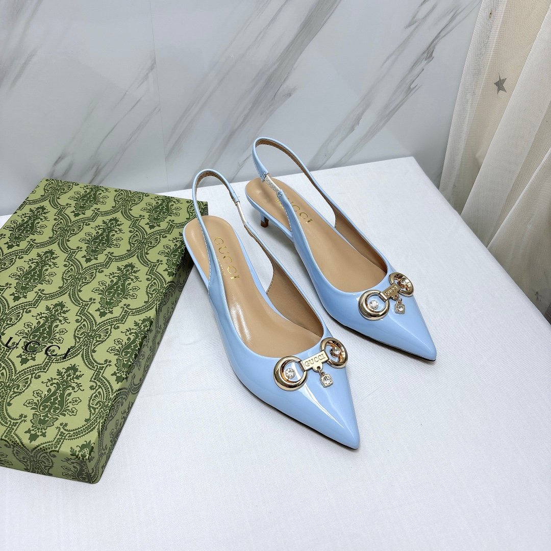 GG Horsebit Slingback Pumps Light Blue Patent Leather - Heels - Image 6